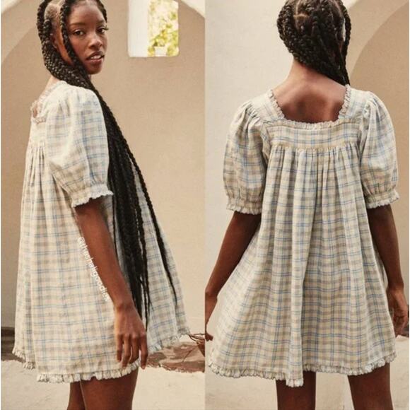 DÔEN Frede Meadowlark Plaid Babydoll Short Mini Dress Size M - Picture 3 of 13